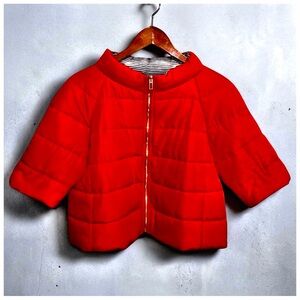 Chico’s Red Quilted Puffer Jacket – Gold Zip – Short Sleeve – Women’s Size 0